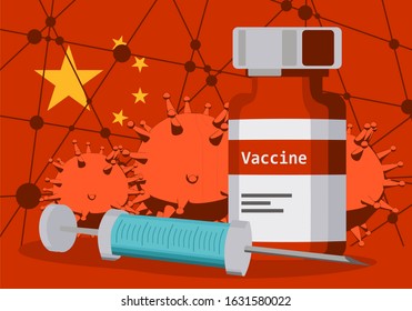 Medicine vial and syringe. Bottle label with vaccine word. Connected lines with dots background. Medical concept. Flag of the China