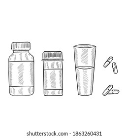 Medicine vials, bottles, pills, vitamin capsule sketch set. For vitamin and dietary supplement. Freehand drawing vector. Doodle style.