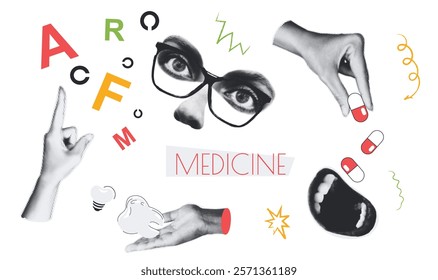 Medicine vintage collage conception set in retro halftone design. Collection with hands holding tooth or pills, open mouth gets capsule treatments, eyes at ophthalmology chek. Vector illustration.