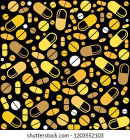 Medicine vintage seamless pattern. Black Background made from pills and capsules.  Vector Illustration