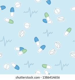 Medicine vintage seamless pattern. Blue background made from pills and capsules. 