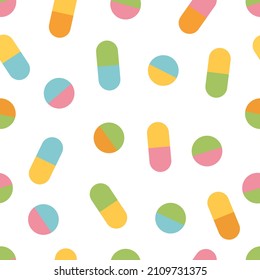 Medicine vintage seamless pattern. Pattern made from color pills and capsules. Vector illustration for medical or medical design. Good for textile, wallpaper, wrapping, poster, banner