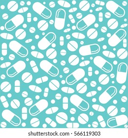 Medicine vintage seamless pattern. Mint Background made from pills and capsules. Vector Illustration