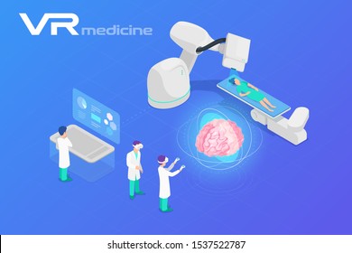 Medicine in Virtual Reality scanning Brain Isometric Flat Vector illustration