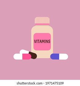 Medicine vitamin flat bottle with color capsules. Vector pharmacy illustration. 