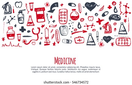 Medicine web banner with hand drawn pattern. Vector illustration can be used for package, wrapping, site headers.