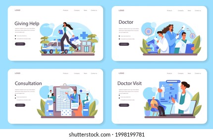 Medicine Web Banner Or Landing Page Set. Healthcare Specialist, Modern Medicine Treatment, Expertize And Diagnostic. Doctor Consultation And Patient Recovery. Flat Vector Illustration