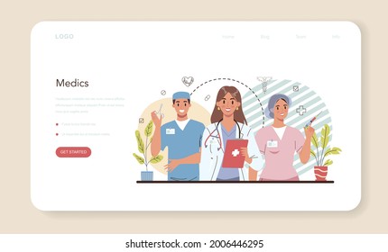 Medicine web banner or landing page. Medical specialist in the uniform. Healthcare, modern medicine treatment, expertize and diagnostic. Doctor consultation and recovery. Flat vector illustration