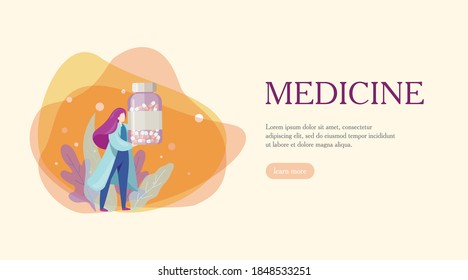 Medicine web banner, main page, doctor with pills, immunity, flu, prevention medicine