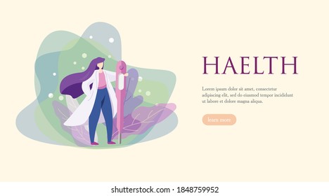 Medicine web banner, main page, doctor with thermometer, immunity, flu, prevention medicine. Vector flat illustration