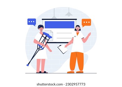 Medicine web concept with character scene. Patient with crutch gets rehabilitation and consults with doctor. People situation in flat design. Vector illustration for social media marketing material.