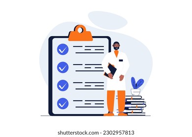 Concepto web de medicina con escena de personajes. El médico consulta y diagnostica, prescribe tratamiento y revisión. La gente se encuentra en un diseño plano. Ilustración vectorial para material de marketing en medios sociales.