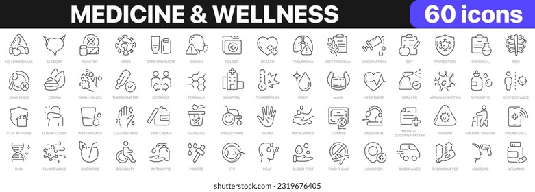 Medicine and wellness line icons collection. Ambulance, hospital, medicine, anatomy icons. UI icon set. Thin outline icons pack. Vector illustration EPS10