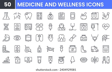 Medicine and Wellness vector line icon set. Contains linear outline icons like Health, Healthcare, Pharmacy, Pill, Drug, Medical, Syringe, Care.