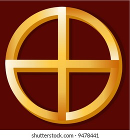 Medicine Wheel, Golden symbol of Native Spirituality, on a crimson background. 