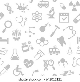 Medicine, white background, seamless, vector. Medical services specialization. The profession of doctors. Medical instruments. Grey, flat pictures on a white field. Vector background. 