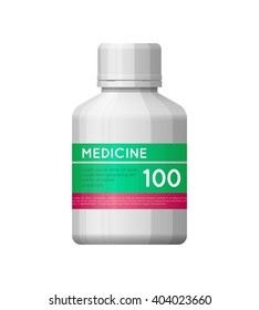 Medicine white bottle with label. Empty plastic bottle for drugs, tablets, capsules, prescriptions, vitamins etc. Pharmaceutic container isolated on white background