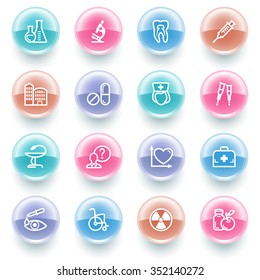 Medicine white contour icons on the color of glowing buttons.