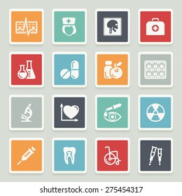 Medicine white icons with buttons on gray background.