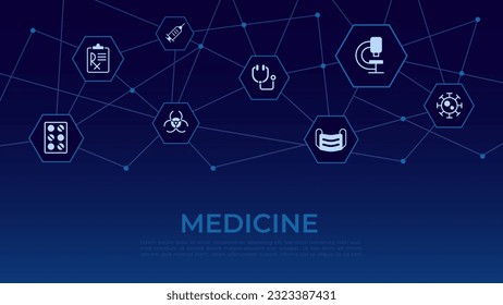 Plantilla de diseño de concepto de palabras de medicina con iconos. Tratamiento, enfermedad. Infografía con texto y pictogramas de glifo blanco editables. Ilustración vectorial para banner web, presentación. Tipo de letra de Montserrat utilizado