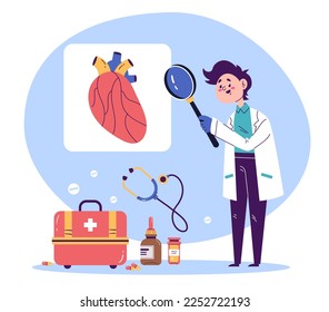 Trabajadores de medicina doctores personajes haciendo investigaciones de laboratorio en órganos internos. Concepto de investigación de farmacia para el tratamiento de enfermedades médicas en salud. Ilustración de elementos de diseño gráfico de dibujos animados