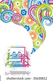 Medicines in abstract collage. Format A4. Vector illustration. Isolated groups and layers. Global colors.