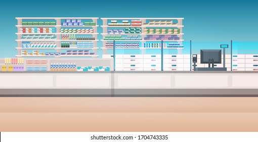 Medicines Arranged In Shelves Empty No People Pharmacy Modern Drugstore Interior Horizontal Vector Illustration