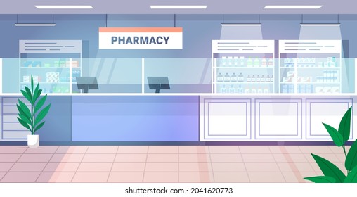 Medicines Arranged In Shelves Empty No People Pharmacy Modern Drugstore Interior Horizontal