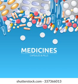 Plano de fundo dos medicamentos com comprimidos coloridos e cápsulas ilustração vetorial