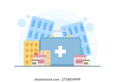 Medicamentos com caixas contendo comprimidos e comprimidos. Ilustração vetorial para farmácia, tratamento de saúde, suprimentos médicos e conceitos farmacêuticos.