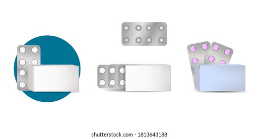 medicines. Cardboard box template. White and pink tablets in a package. Vector illustration.