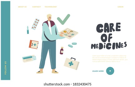 Medicines Care and Storage Landing Page Template. Young Male Character Holding Organizer Box with Medical Pills. Bottle with Medication oe Tablets around, Disease Treatment. Linear Vector Illustration