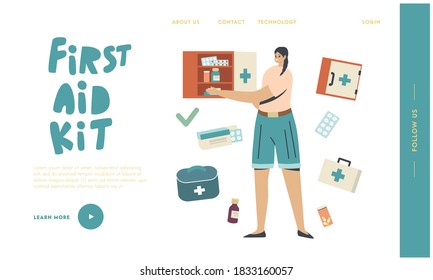 Medicines Care and Storage Landing Page Template. Young Female Character Put Drugs in Shelf Boxes, Medication, Bottles of Medical Pills and Tablets around, Healthcare. Linear Vector Illustration