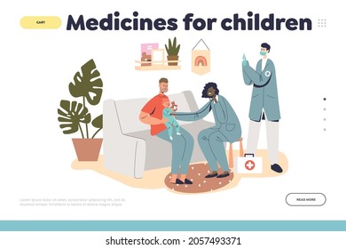 Medicines For Children Concept Of Landing Page With Family Doctors Pediatrician Visit Little Kid Patient At Home. Medic Practitioner Examine Toddler. Cartoon Flat Vector Illustration