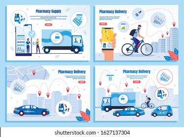 Medicines Delivery Company or Service Trendy Flat Vector Web Banners, Landing Pages Templates Set. Supplier Delivering Order to Drugstore, Couriers Transporting Medicines to City Clients Illustration