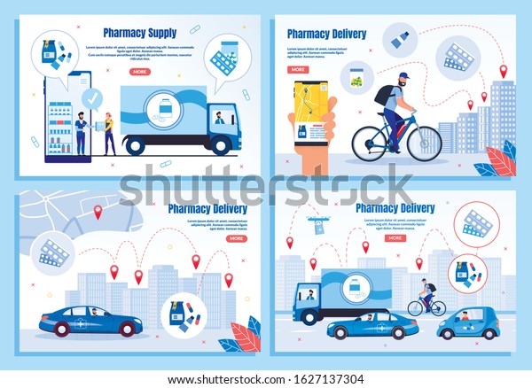 Medicines Delivery Company or Service Trendy
Flat Vector Web Banners, Landing Pages Templates Set. Supplier
Delivering Order to Drugstore, Couriers Transporting Medicines to
City Clients
Illustration