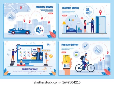 Medicines Delivery Service Trendy Flat Vector Web Banners, Landing Pages Set. Mother Buying Pills for Sick Child, Deliveryman Transporting Orders to Clients, People Purchase Goods Online Illustration