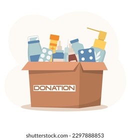 Medicines donation. Cardboard box full of different drugs and vitamins. Volunteering and social care concept. Support for poor people. International charity day. Vector illustration in cartoon style.