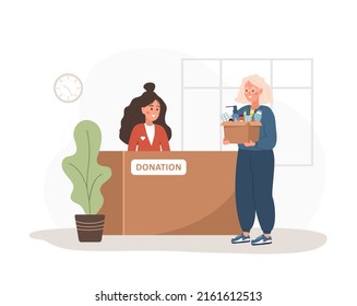 Medicines donation. Elderly woman with cardboard box full of different drugs and vitamins. Fund or help center for poor people. Volunteering and social care concept. Vector illustration in flat style.
