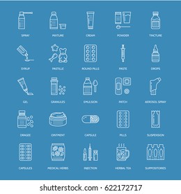 Medicines, dosage forms blue line icons. Pharmacy medicament, tablet, capsules, pills, antibiotics, vitamins, painkillers aerosol spray. Medical treatment health care thin linear sign for drug store