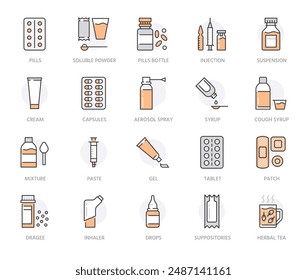 Medicines, dosage forms line icons. Pharmacy medicaments, tablet, capsules, pills, antibiotics, vitamins, painkillers, aerosol spray. Health care signs for drug store. Orange color Editable stroke