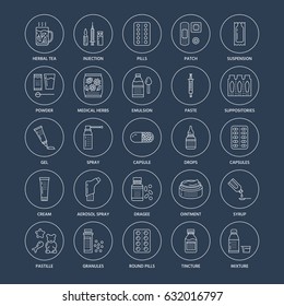 Medicines, dosage forms line icons. Pharmacy medicaments, tablet, capsules, pills, antibiotics, vitamins, painkillers, aerosol spray. Medical threatment health care thin linear signs for drug store