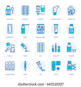 Medicines, dosage forms line icons. Pharmacy medicaments, tablet, capsules, pills, antibiotics, vitamins, painkillers, aerosol spray. Medical threatment health care thin linear signs for drug store
