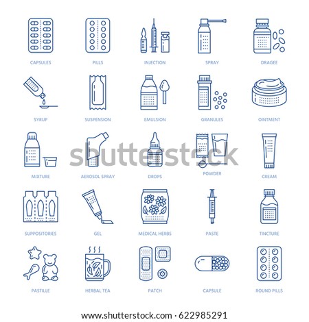 Medicines, dosage forms line icons. Pharmacy medicaments, tablet, capsules, pills, antibiotics, vitamins, painkillers, aerosol spray. Medical threatment health care thin linear signs for drug store