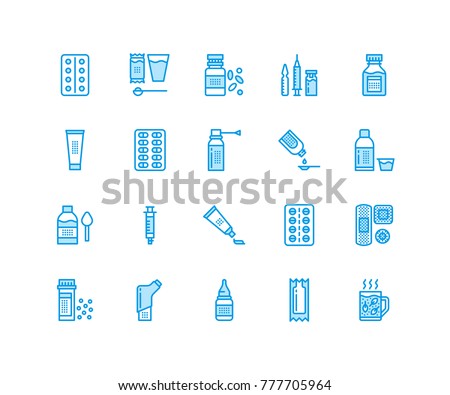Medicines, dosage forms line icons. Pharmacy medicaments, tablet, capsules, pills, antibiotics, vitamins, painkillers. Medical threatment, health care linear signs for drug store Pixel perfect 64x64