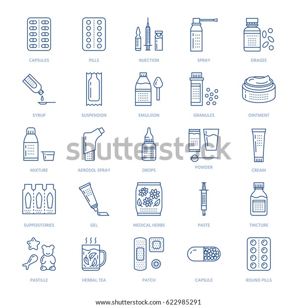 薬 薬の形 線のアイコン 薬剤 錠剤 カプセル剤 錠剤 抗生物質 ビタミン剤 鎮痛剤 エアゾールスプレー剤 ドラッグストア用の医療医療医療医療の細い線形標識 のベクター画像素材 ロイヤリティフリー
