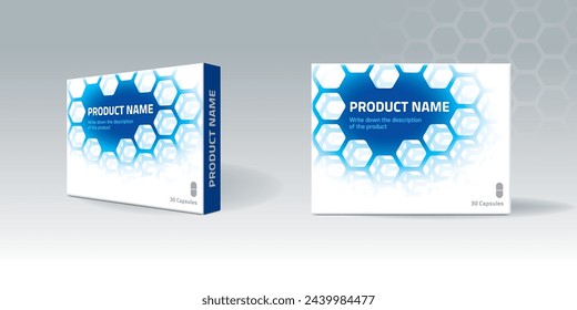 Medicines or drug capsule box packaging and package design. A health supplement or cosmetic packaging design template. Design with Molecular Structure. Box Design Mockup