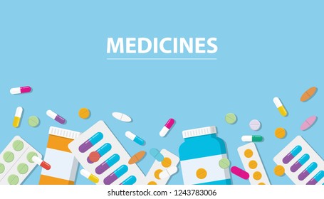 medicines drug collection with banner free space with blue background vector illustration