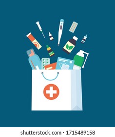Medicines, drugs, pills and bottles falling down into paper shopping bag. Home delivery pharmacy service. Vector illustration in flat style on white background