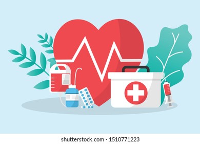 Medicines elements isolated on the blue background. Hospital and care concept. Vector illustration in flat design.